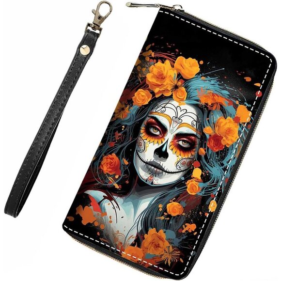 Sugar Skull Girl Flower Women's Leather Zip Wallet Clutch with 14 Compartments &